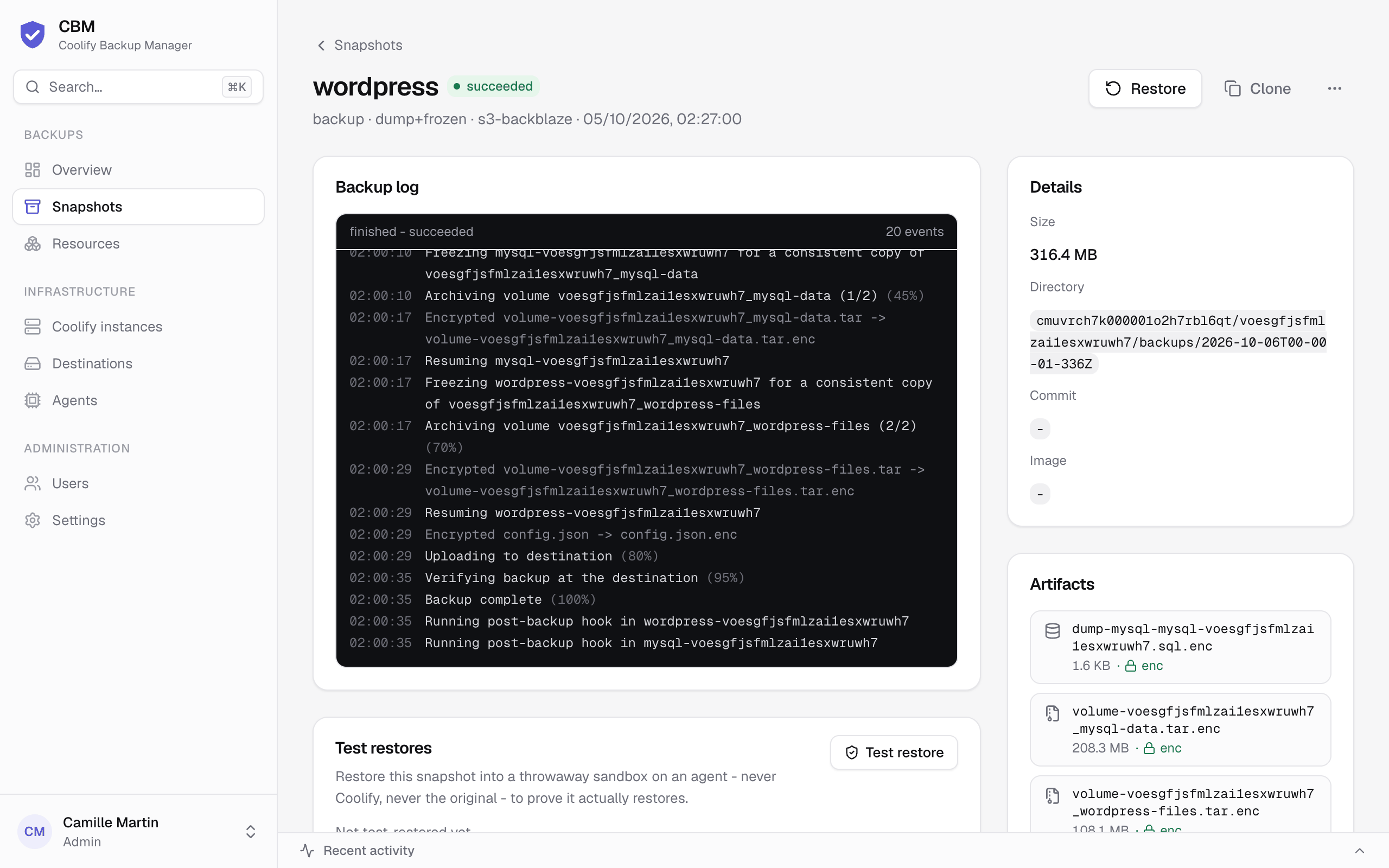 A snapshot, with Restore and Clone