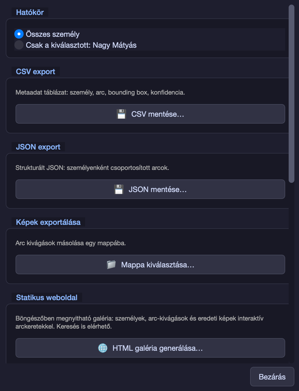 Export dialógus: CSV, JSON, képek és statikus weboldal