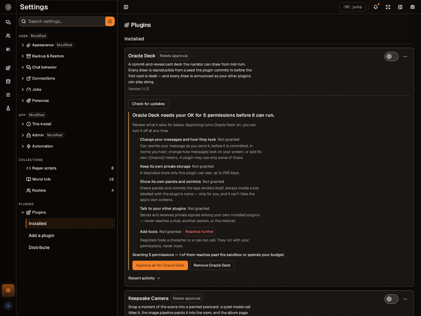 The plugin approval screen