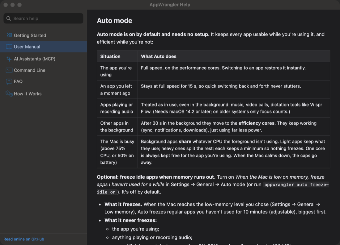 The built-in Help window showing the User Manual's Auto mode chapter, with topics and search in the sidebar