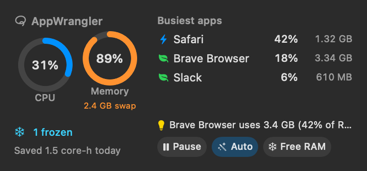 Medium desktop widget: CPU and memory rings, Auto status, the busiest apps, the top suggestion and buttons