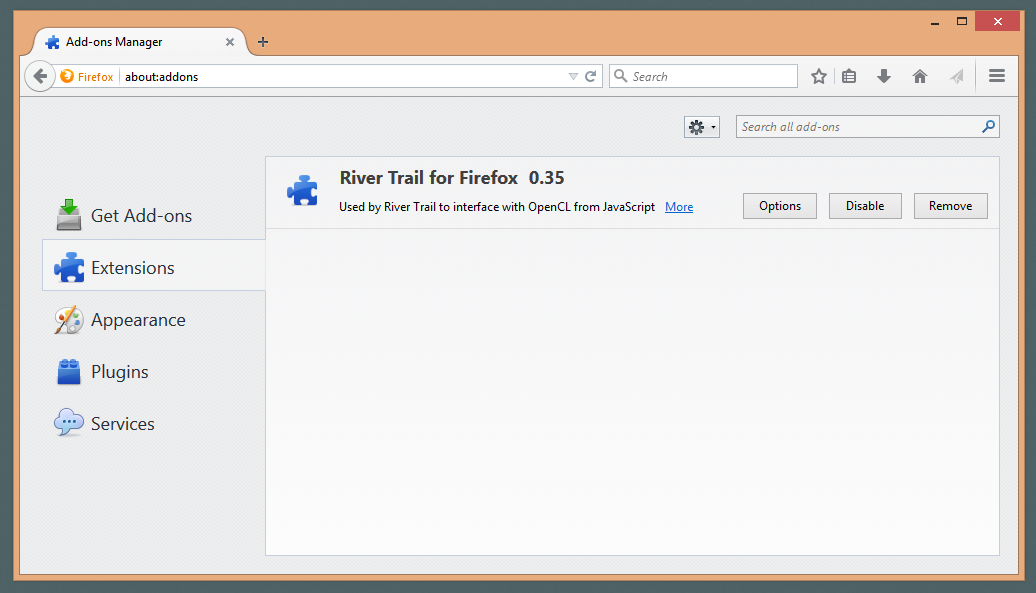 Screenshot of the Firefox Add-ons Manager, with the Extension preferences tab selected.  There is one extension installed: River Trail.