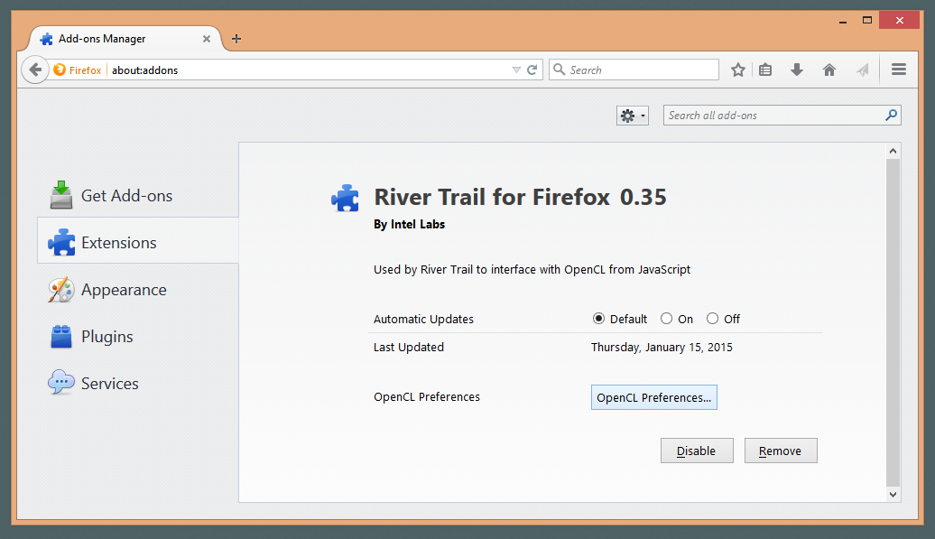Screenshot of the options panel for the River Trail Firefox extension.