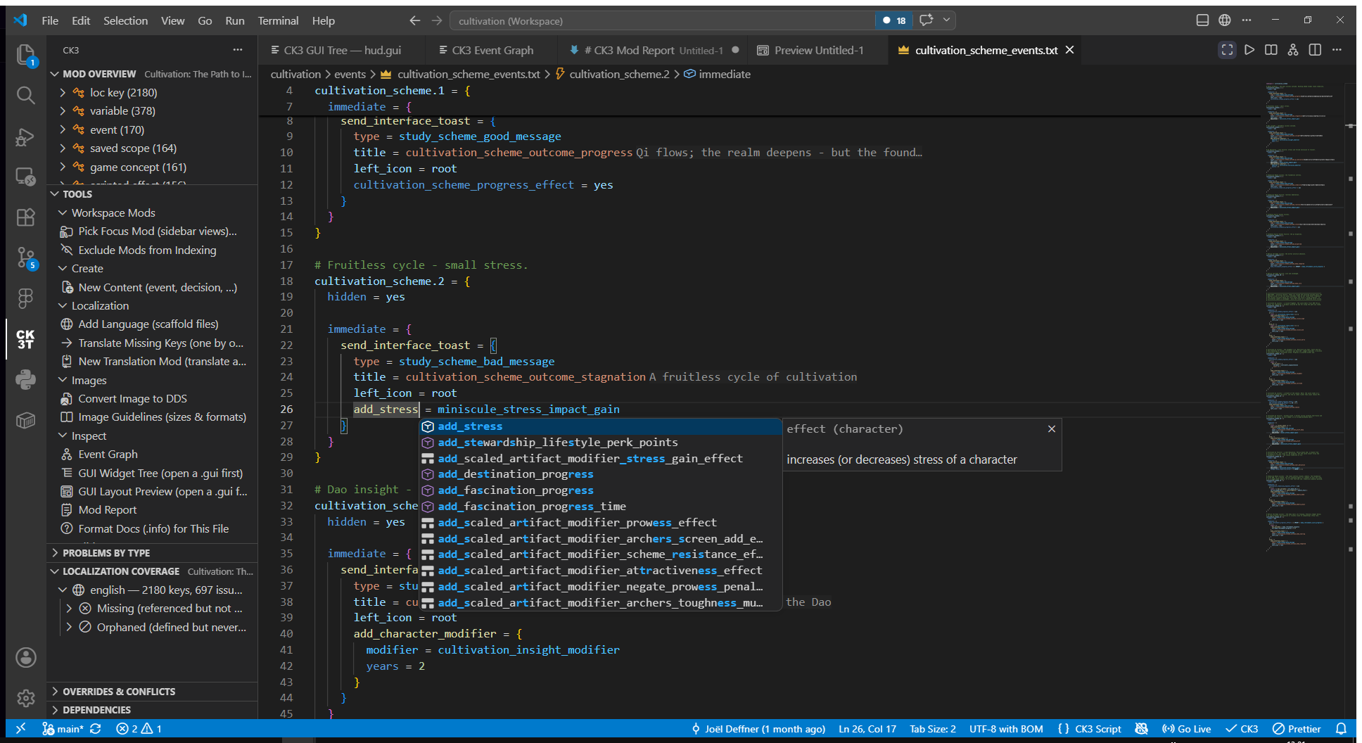Completion filtered to add_: engine effects and scripted effects, with docs for add_stress