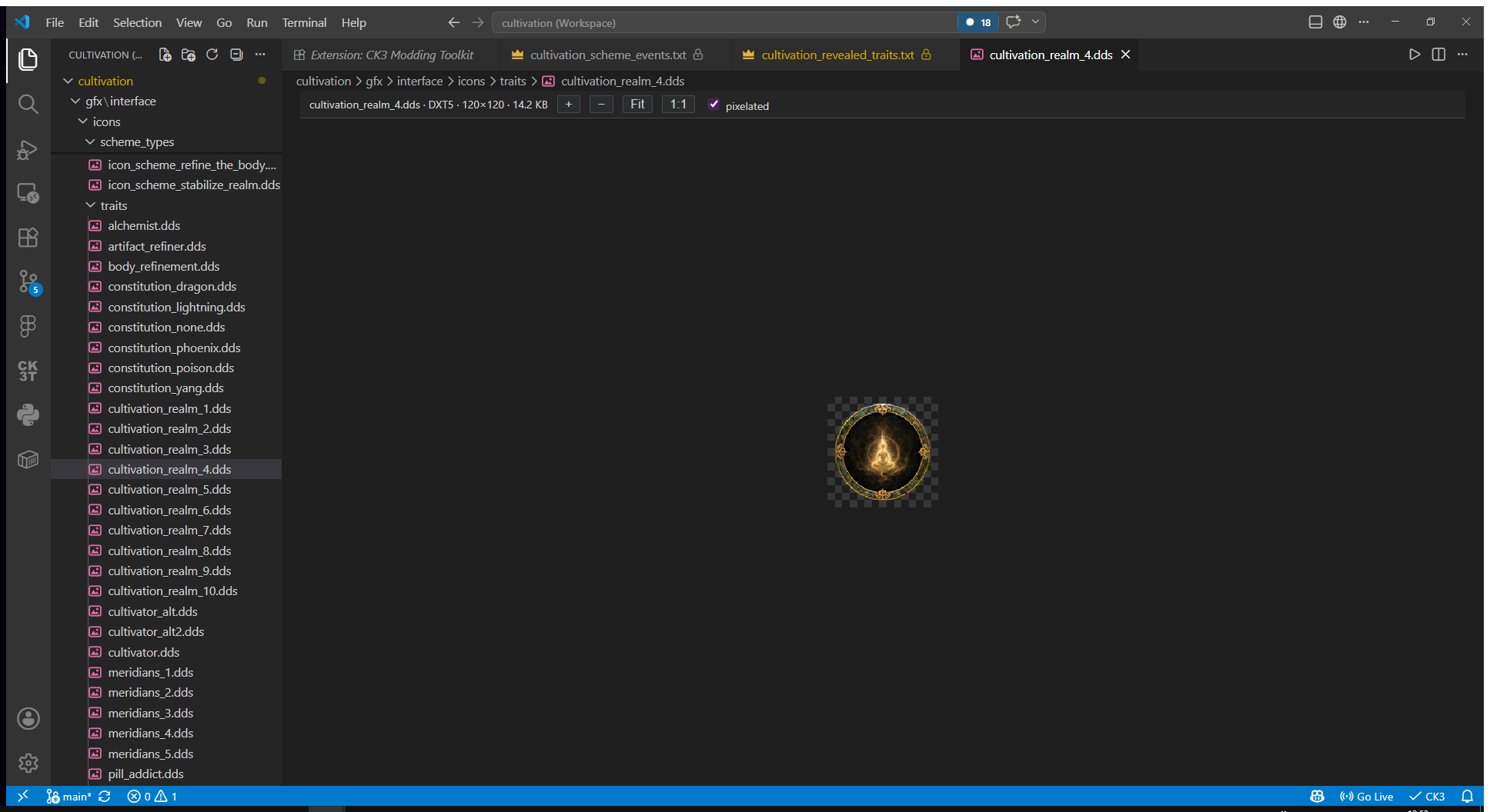 The DDS preview editor: format, dimensions, zoom controls