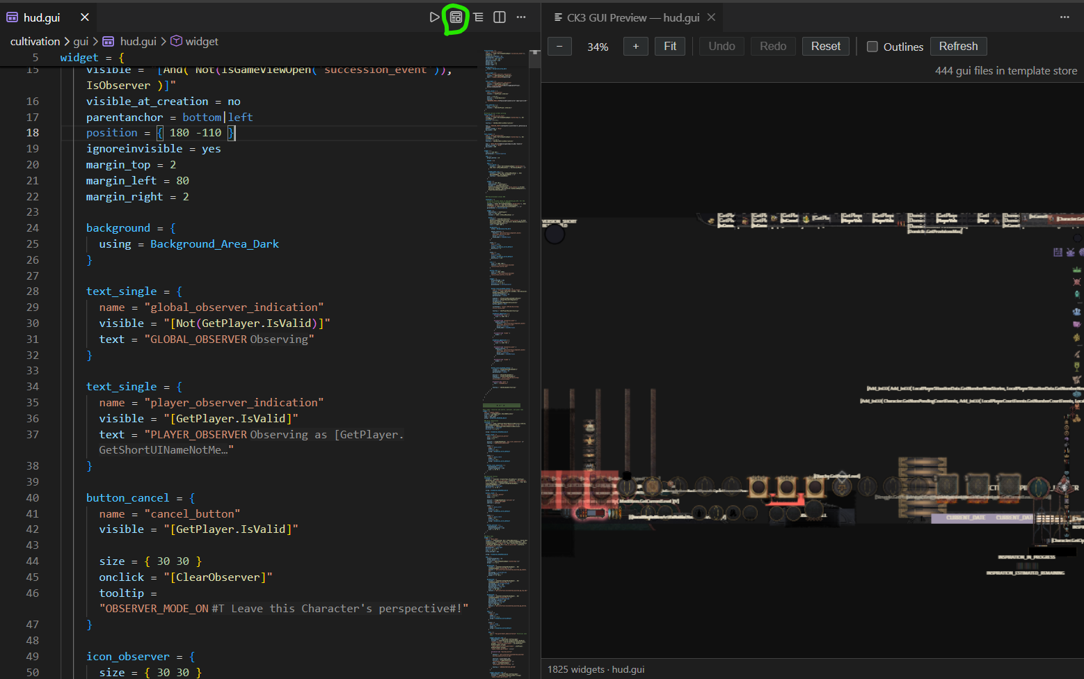 hud.gui rendered in the layout preview next to its source