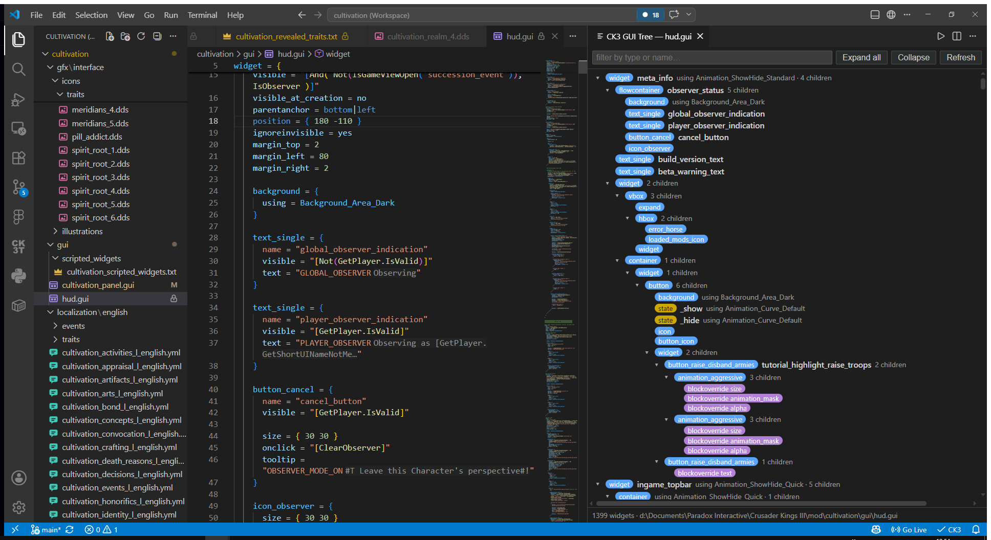 The widget tree for hud.gui, 1399 widgets, side by side with the source