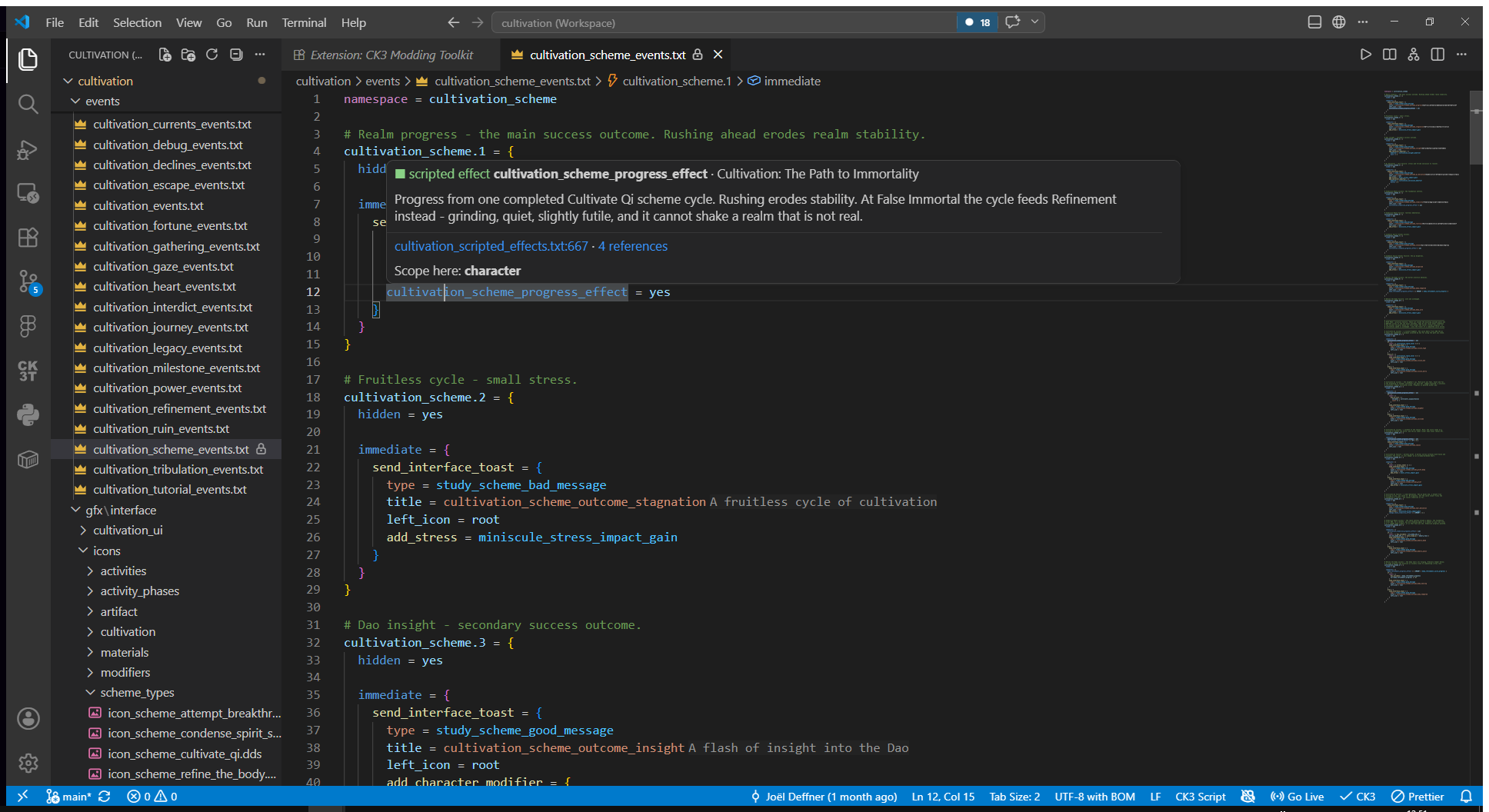 Hover on a scripted effect: the comment above its declaration, definition link, 4 references, current scope
