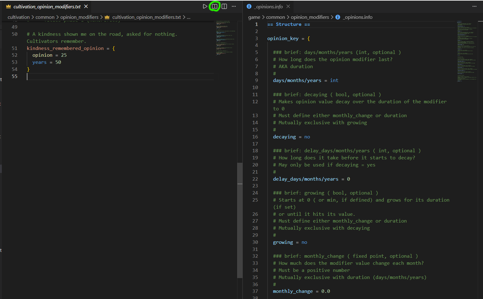 Editing opinion modifiers with the vanilla _opinions.info format doc open beside it