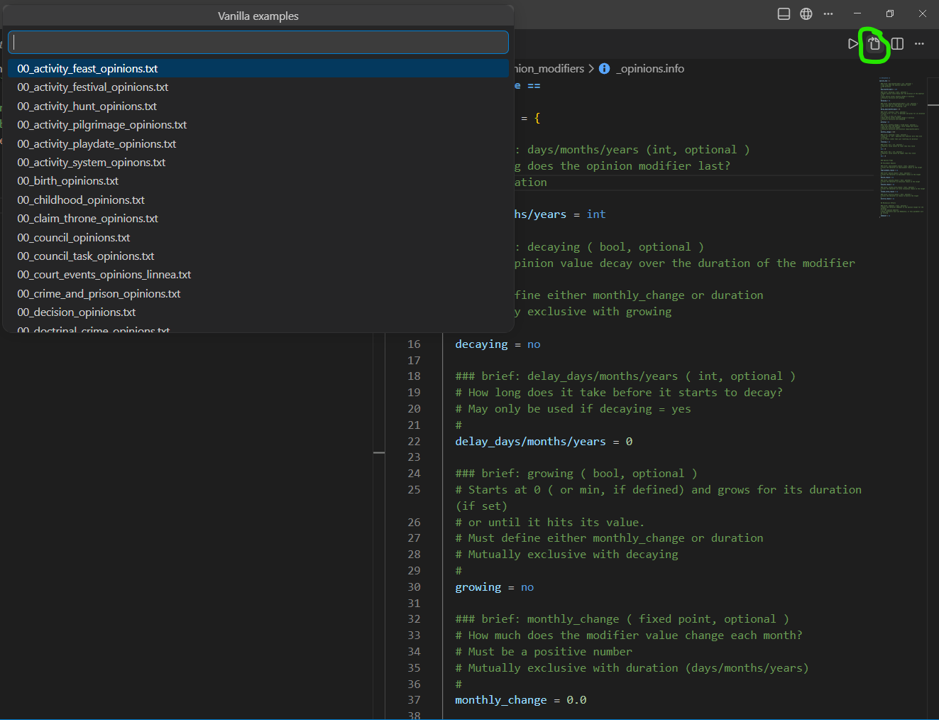 The Vanilla examples picker listing every vanilla file in the same folder