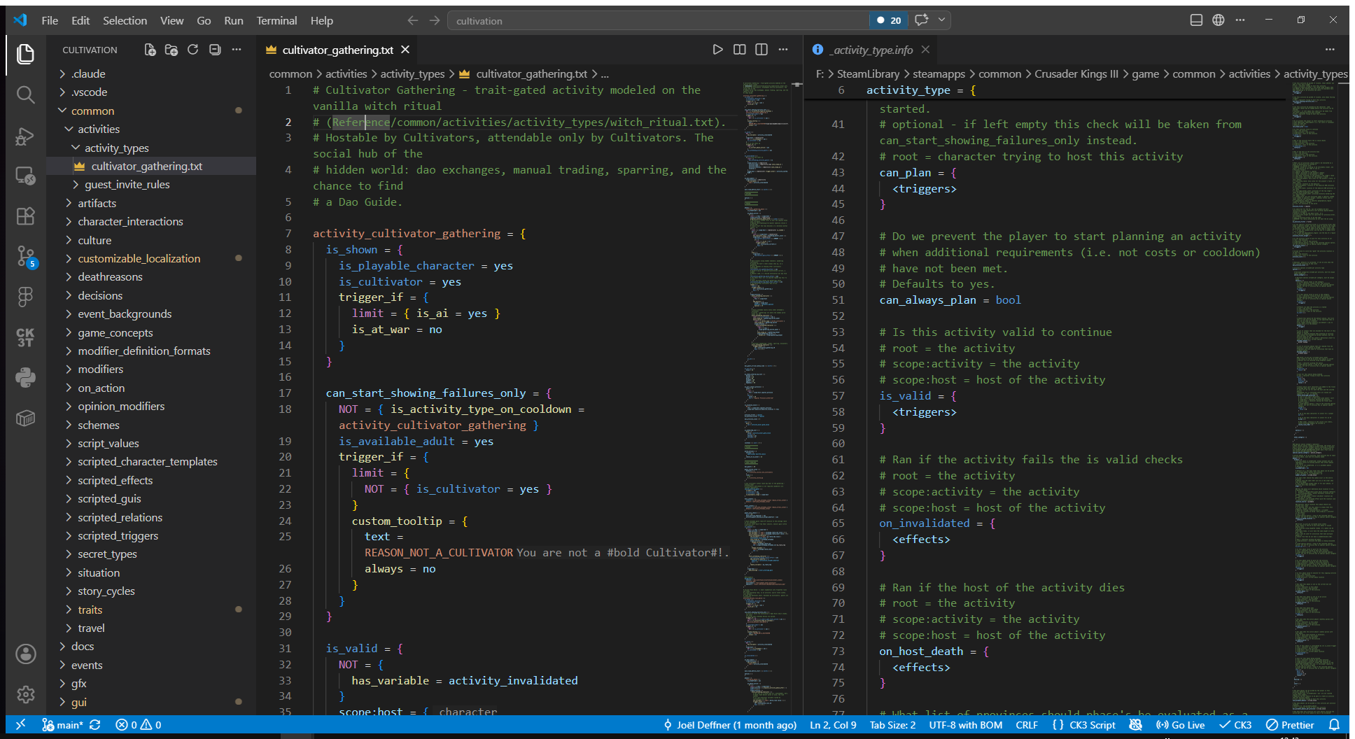 Full workspace: mod script on the left, vanilla .info format docs side by side on the right