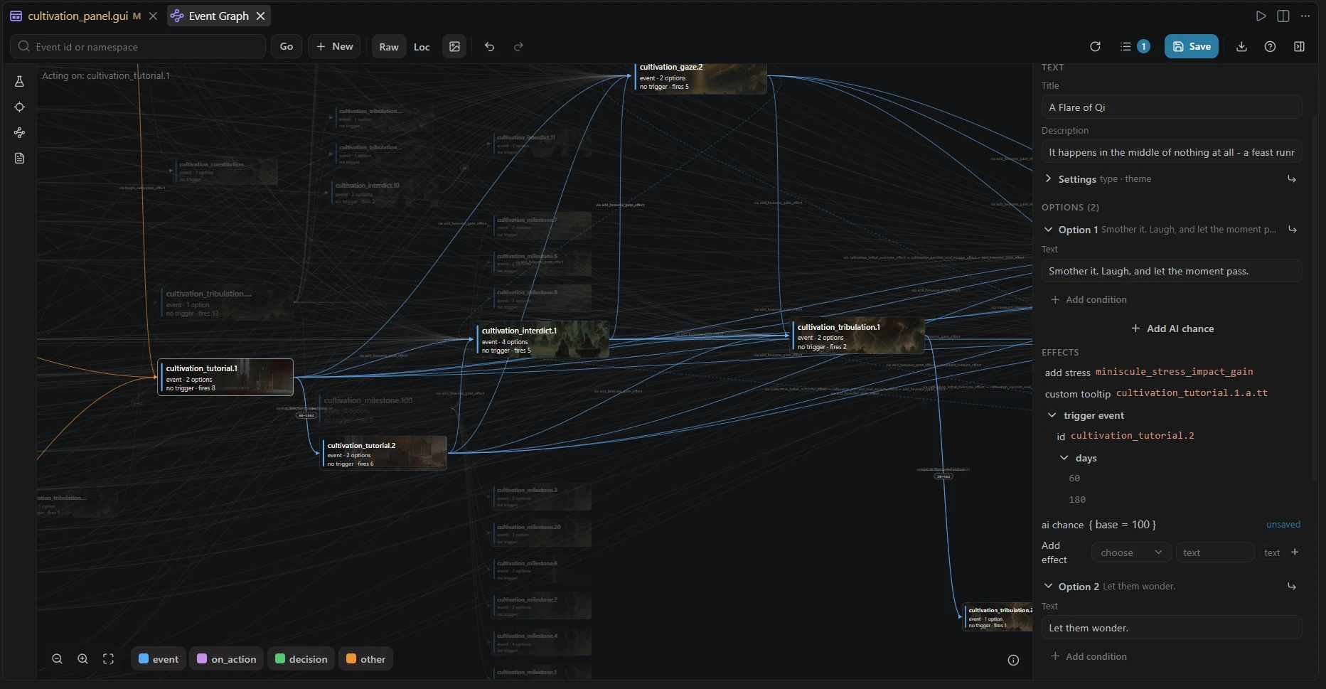 A card selected in the event graph: blue is what it fires, orange is what fires it, and the inspector edits the event as words