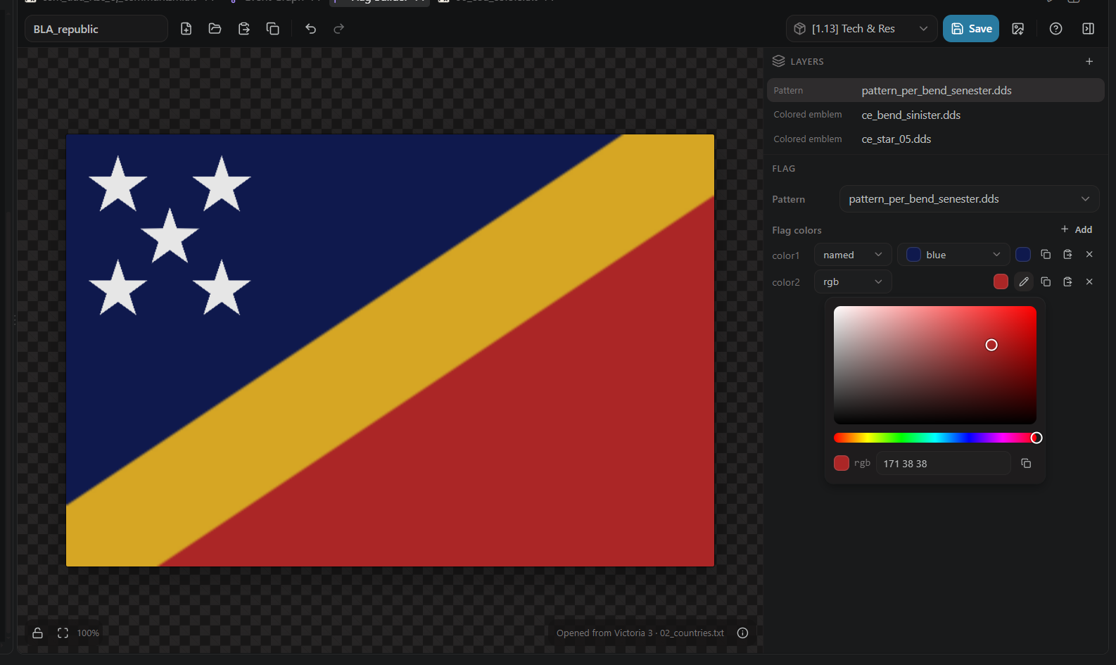 The Flag Builder: pattern plus colored emblems, with the shared color picker open on an rgb color