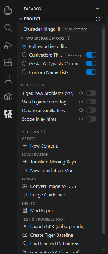 The Project view: active game, workspace mods with focus and index switches, toggles, and the grouped tools