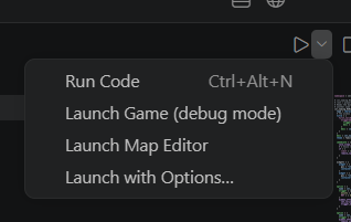 The actual Run menu includes Launch Game in debug mode and launch options