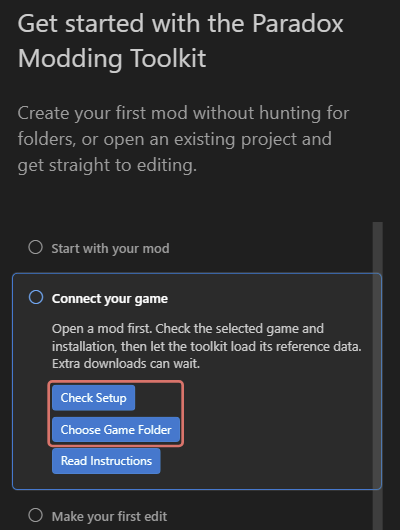 The real Connect your game step, with Check Setup and Choose Game Folder marked