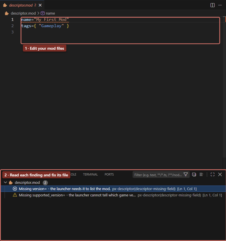 A real descriptor edit and the Problems panel showing its missing required fields