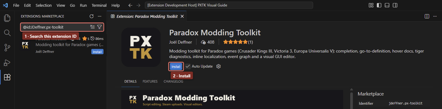 The actual Extensions view: 1 marks the extension ID search and 2 marks Install