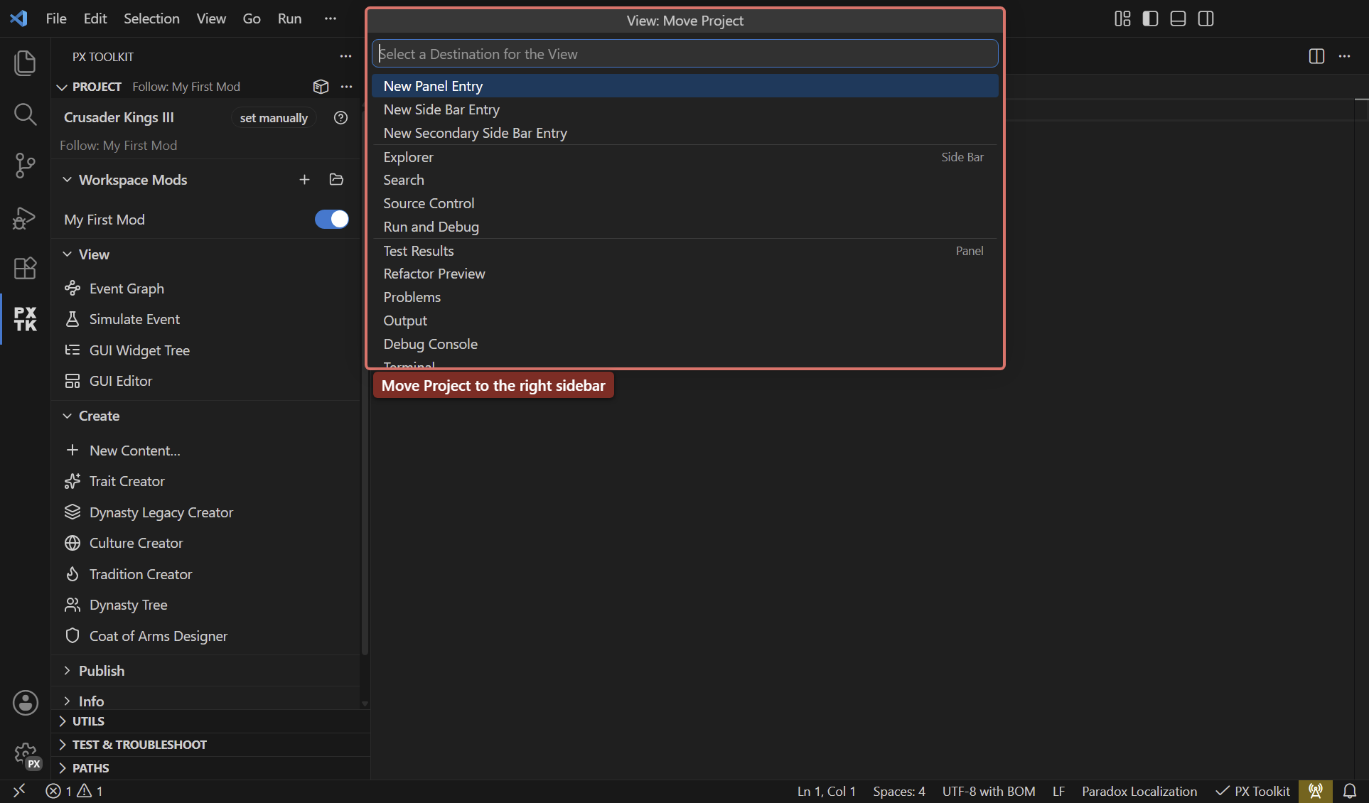 The real Move Project picker, including New Secondary Side Bar Entry