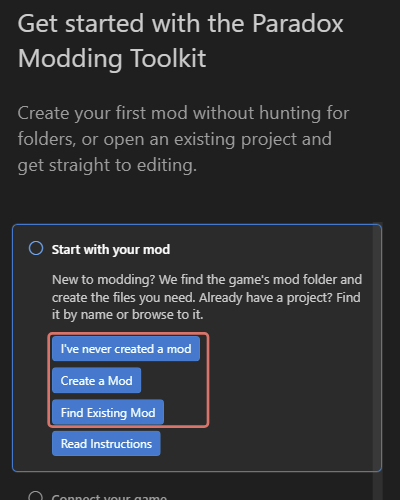 The tutorial's real Start with your mod step, with creation and existing-mod choices marked