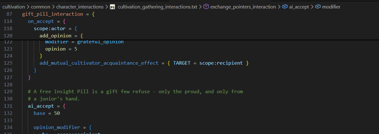 Breadcrumbs and sticky scroll following the full block chain inside a character interaction