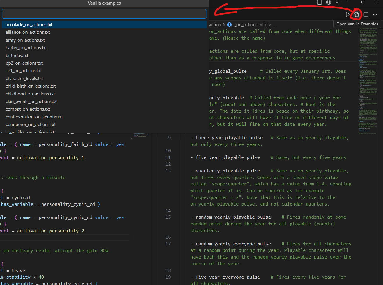 The Vanilla examples picker listing every vanilla file in the same folder