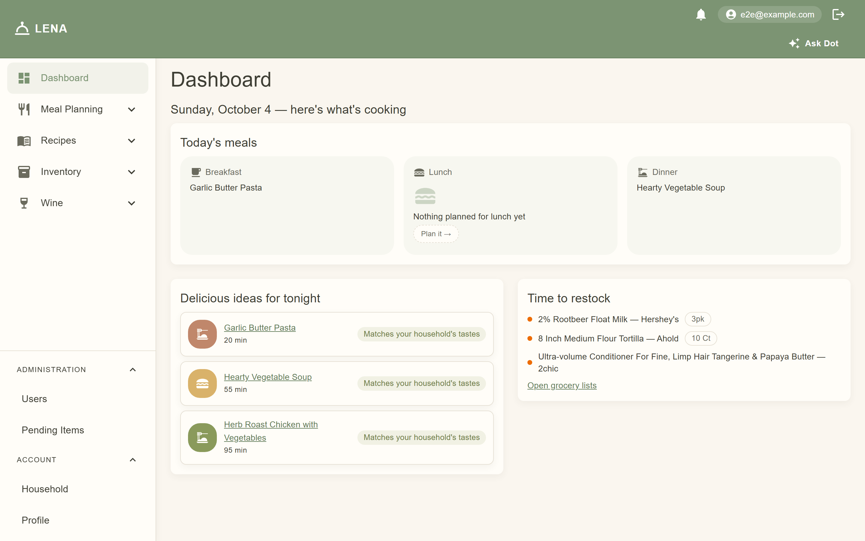 The Dashboard — today's meal slots and suggestions
