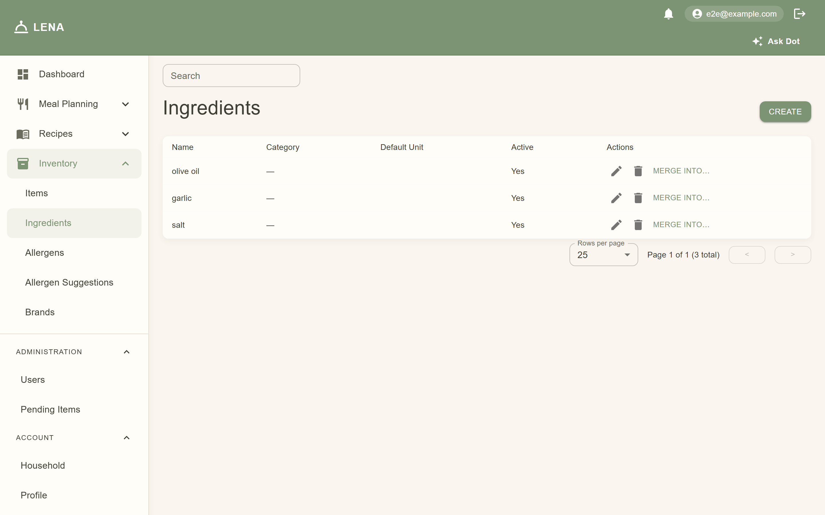 The ingredients admin page