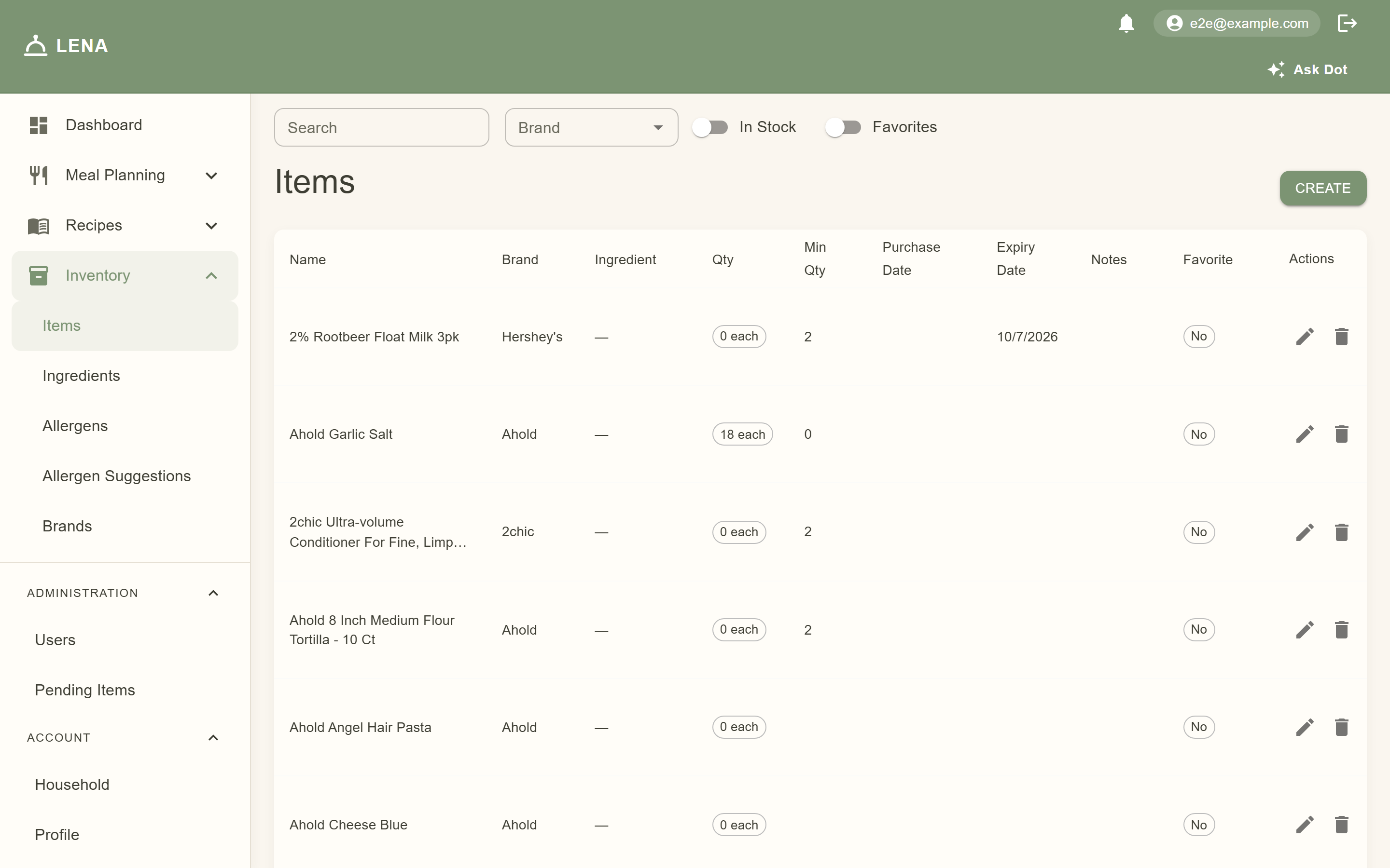 Web — the Items catalog: search, brand filter, stock and favorite toggles