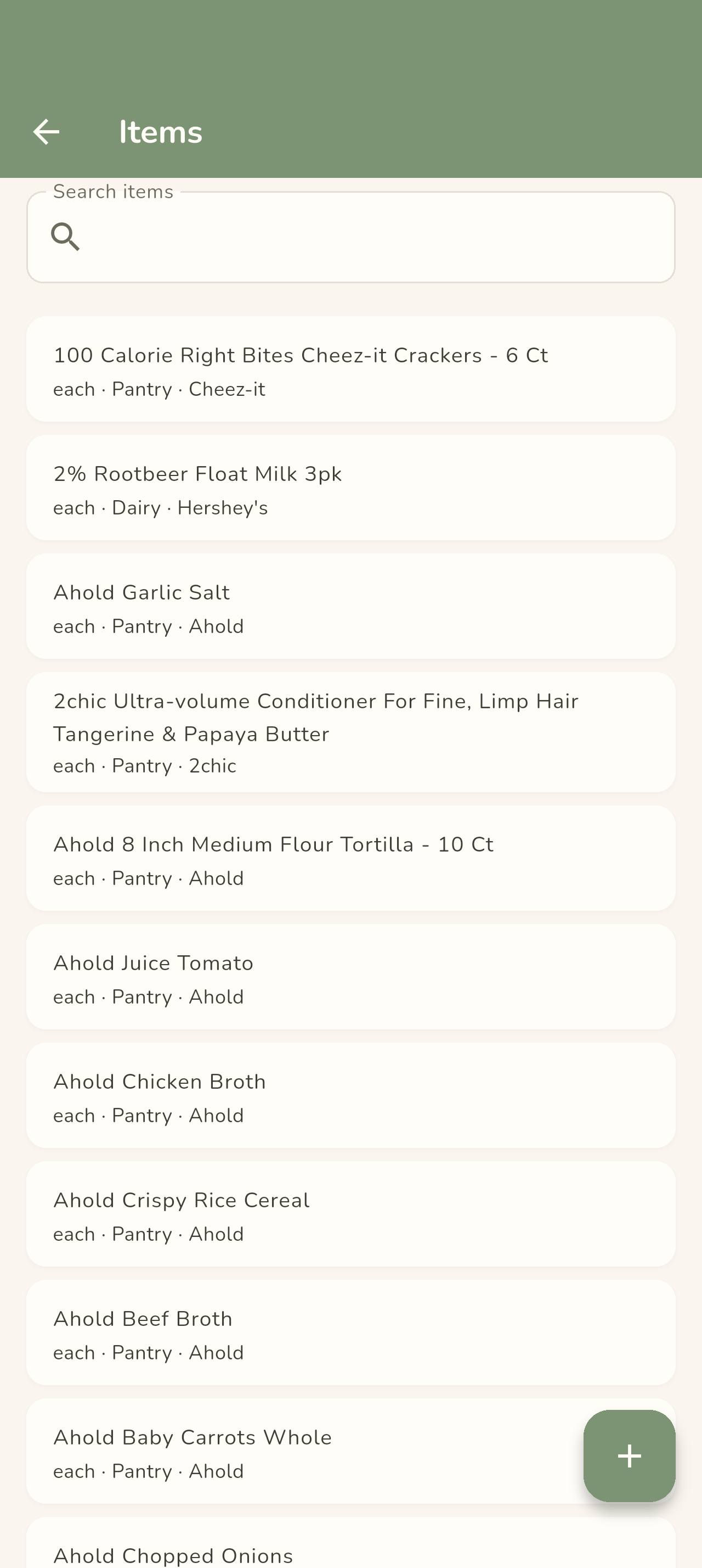 The item catalog list