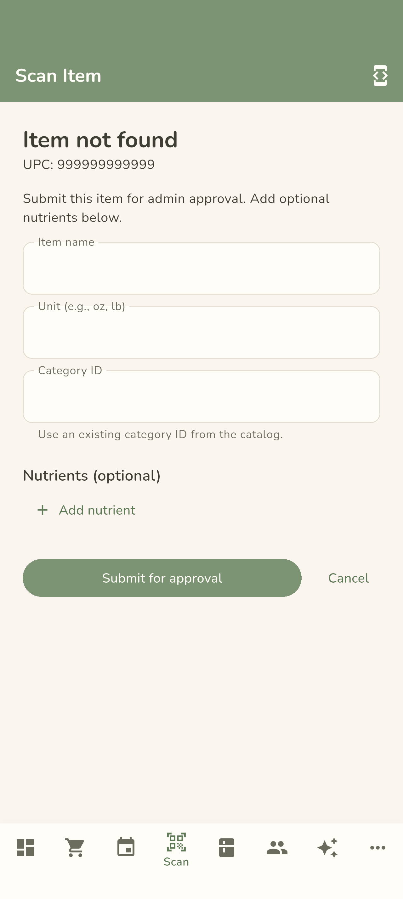 Unknown UPC — the submit-for-approval form