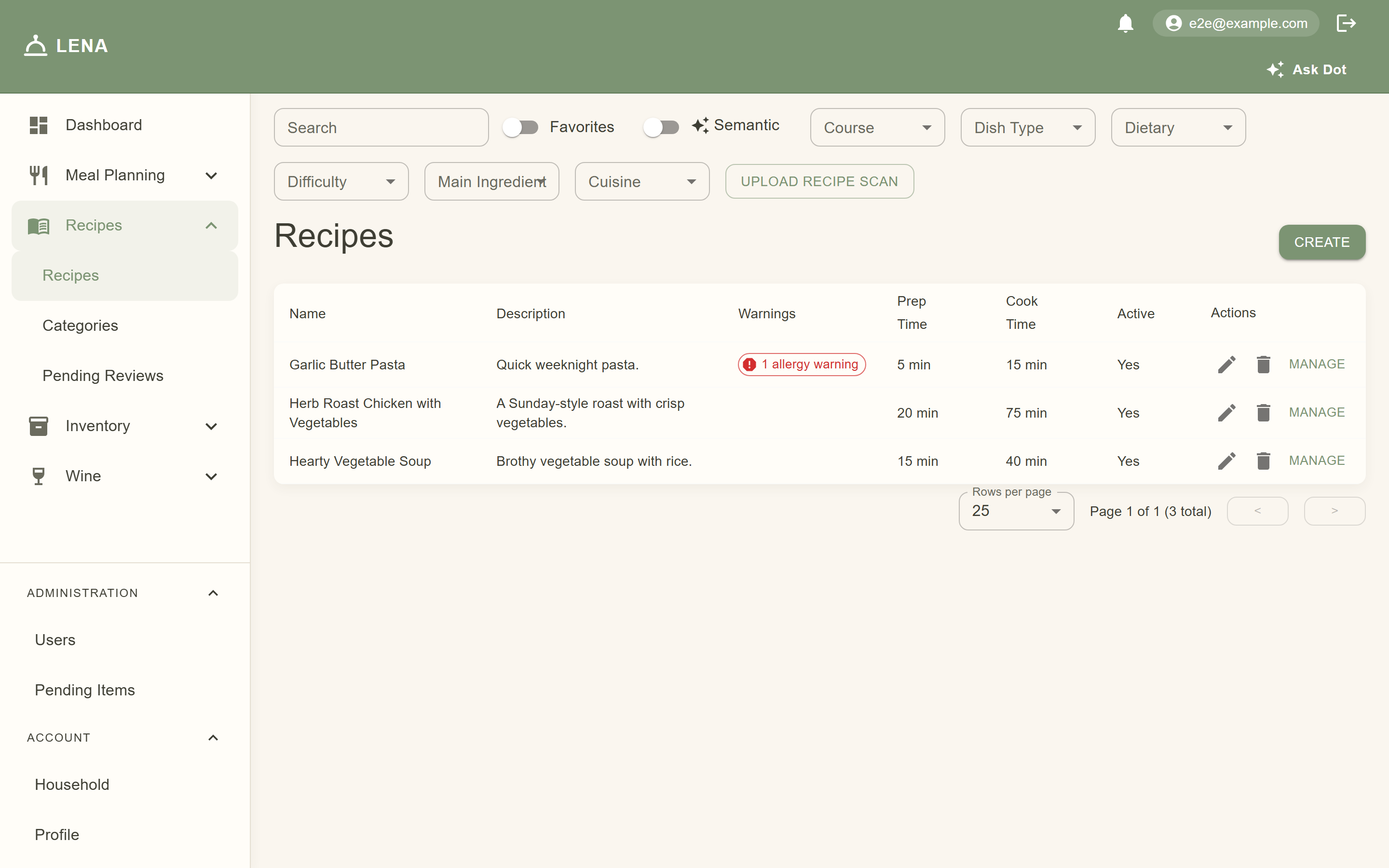 The recipe collection — search, filters, and the recipe table