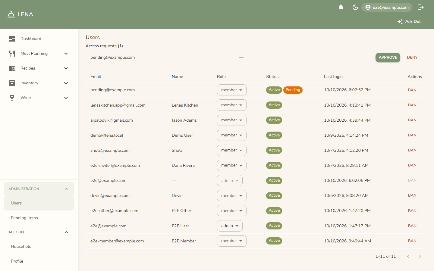 The Users admin page — access requests, roles, status, and bans