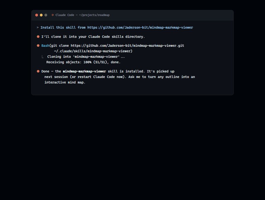 Install the skill, ask for a mind map, open the result