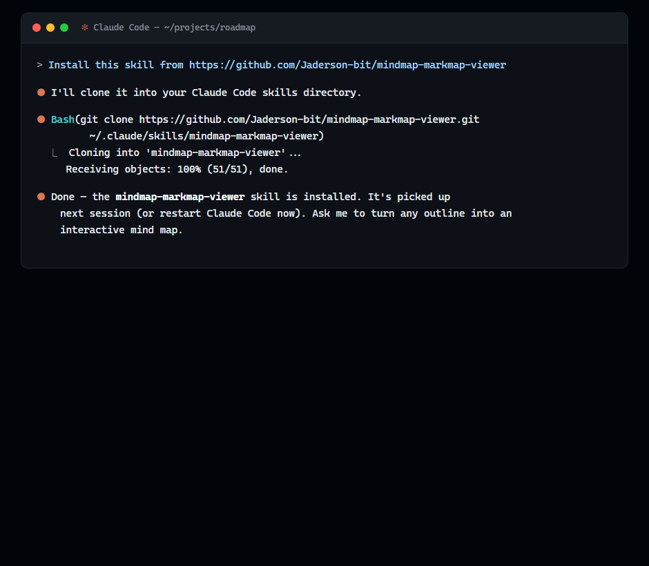 Installing the skill from a chat prompt