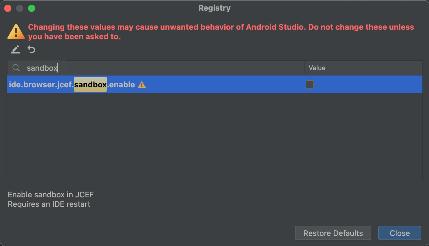 JCEF disable sandbox