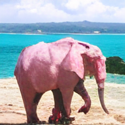 A large pink elephant walking on the beach_0.png