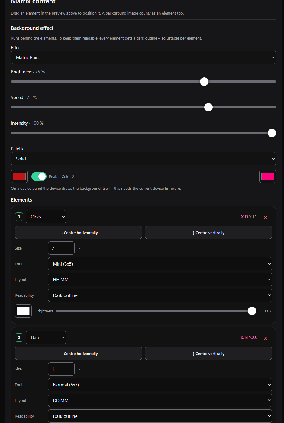 Settings of the elements