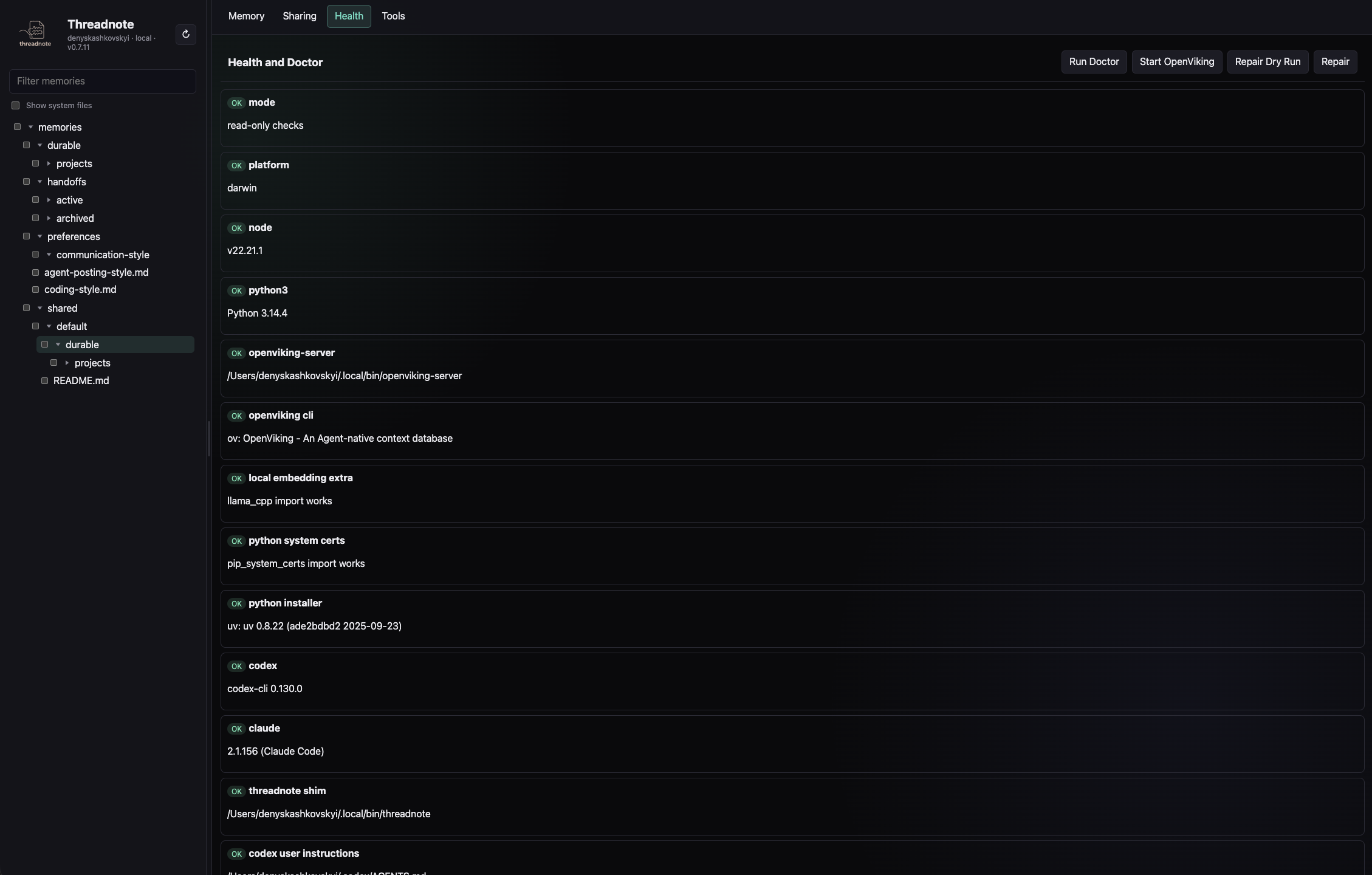 Threadnote web manager — Health and Doctor view