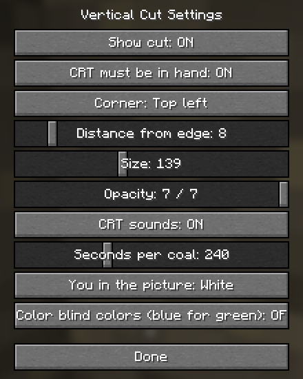 The Vertical Cut settings screen