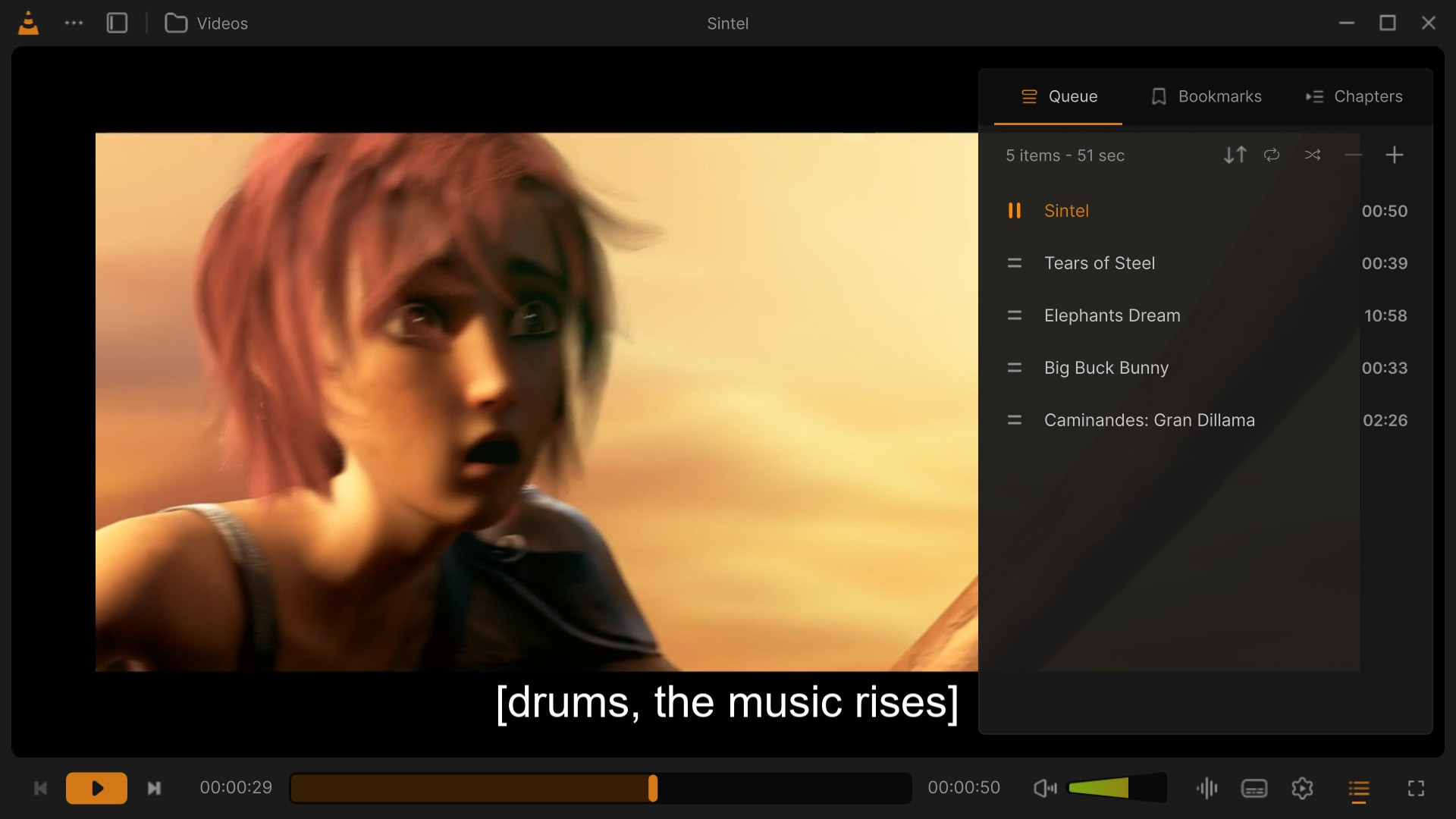 The queue card over the right of the video: the tabs Queue, Bookmarks and Chapters, the line 5 items - 51 sec with Sort, Repeat, Shuffle, remove and add, and five videos with the one playing in the accent colour