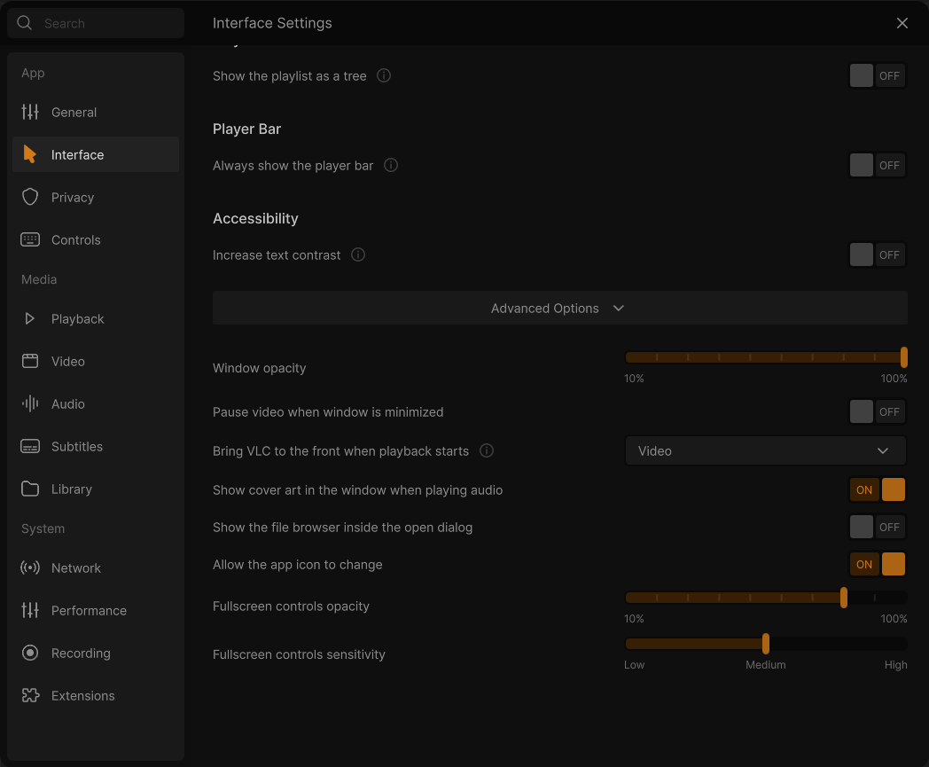 Settings: Interface, Advanced Options