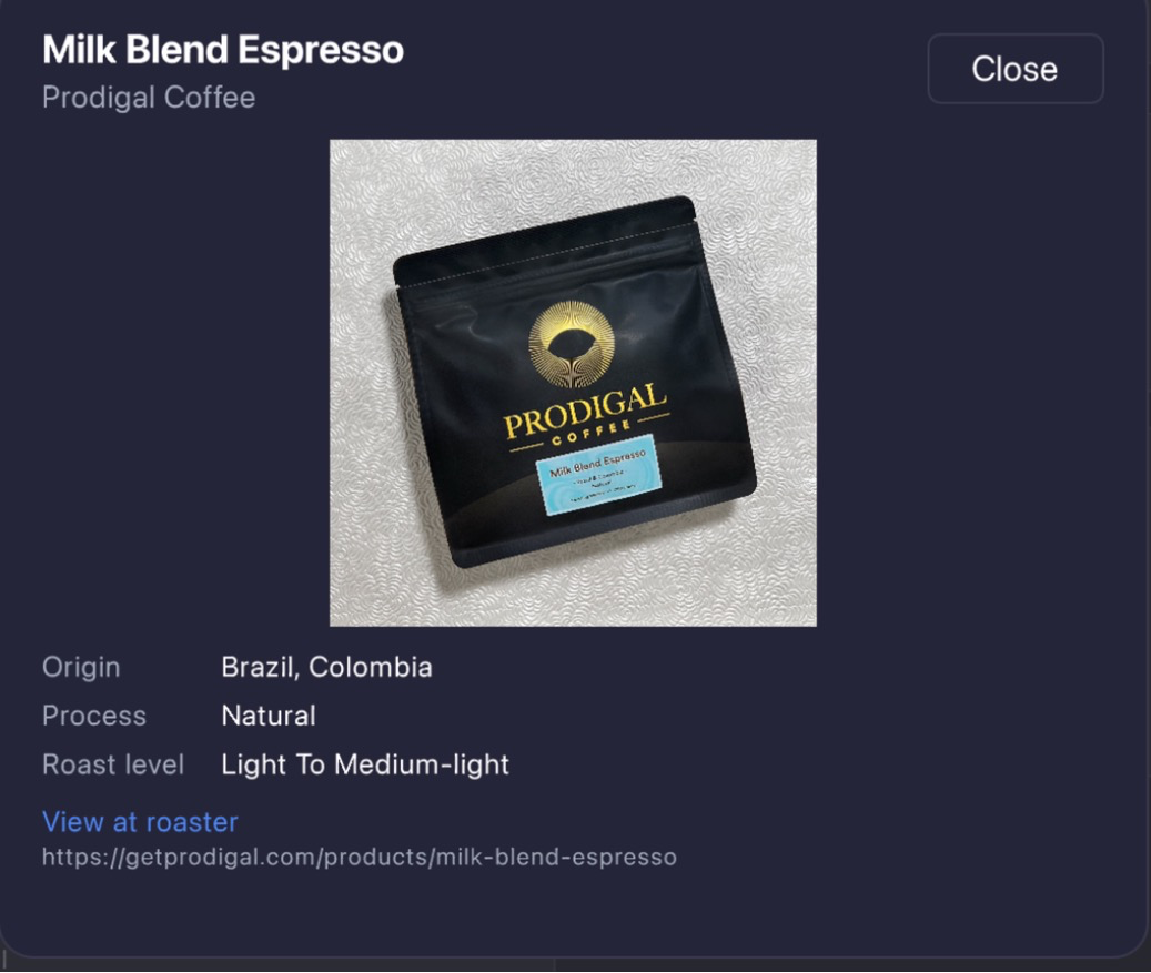 A linked bean's Bean Base details: product photo, Origin, Process, Roast level, and a "View at roaster" link