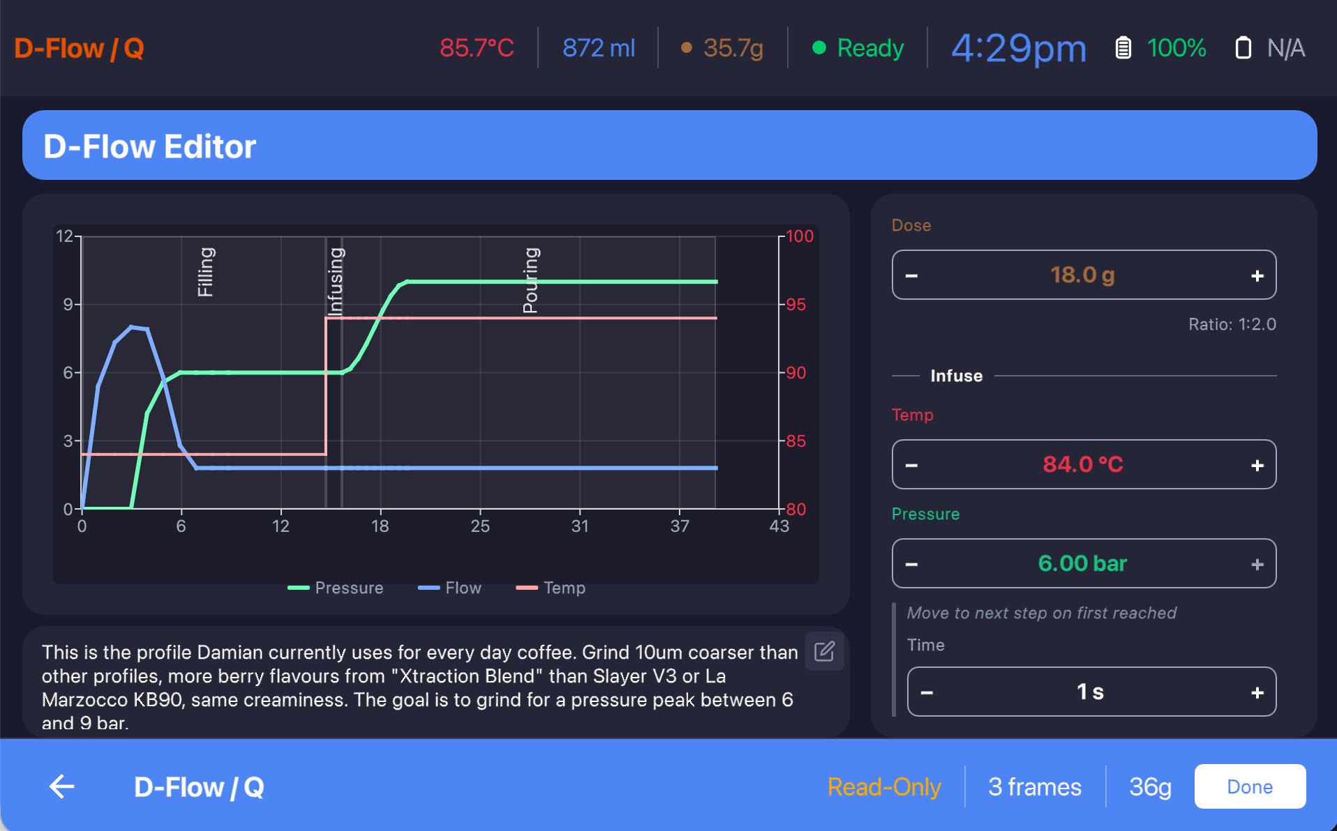 D-Flow Editor showing 3-phase graph with Filling, Infusing, Pouring and parameter panel