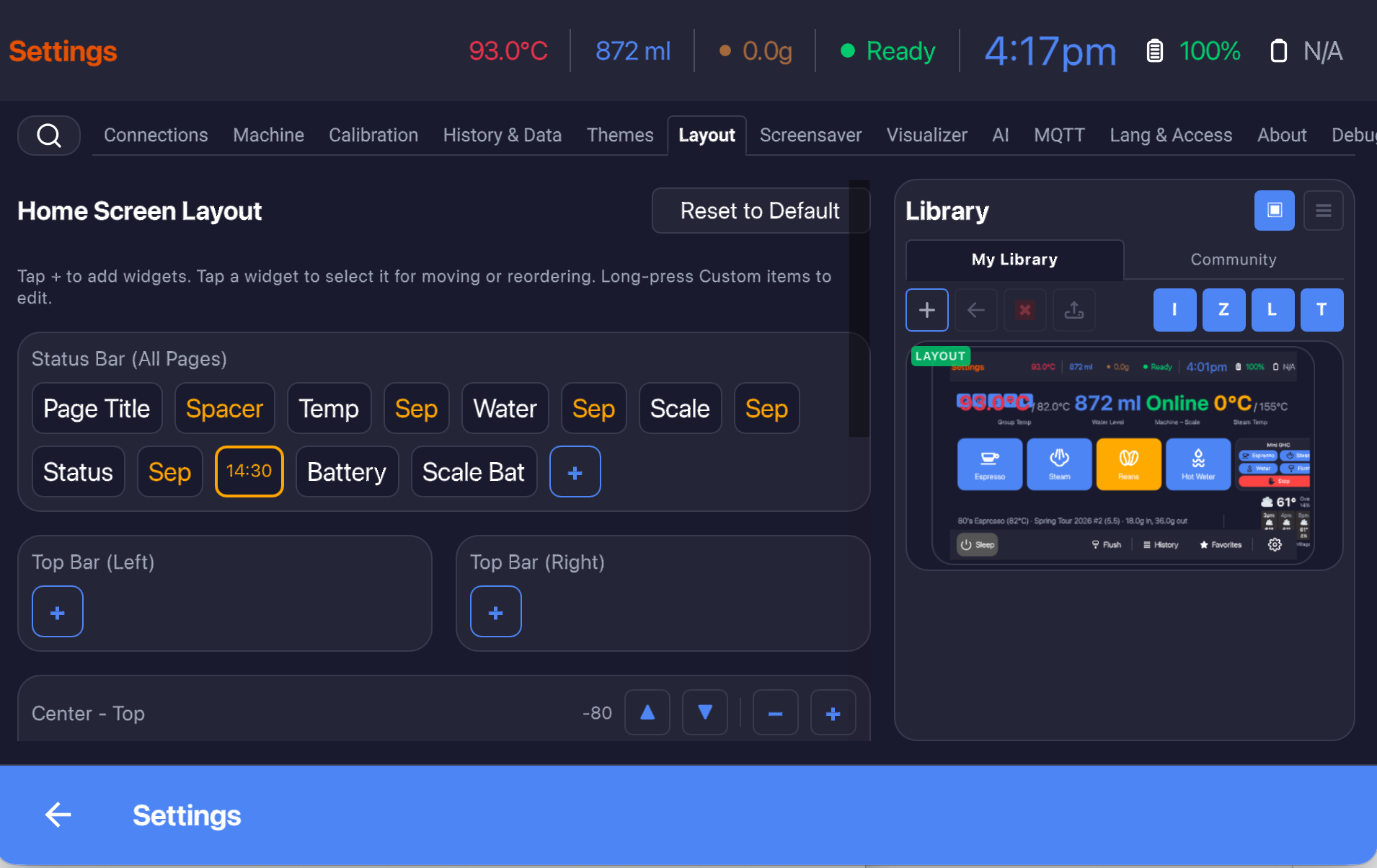 Layout settings page showing Status Bar widget list and live preview