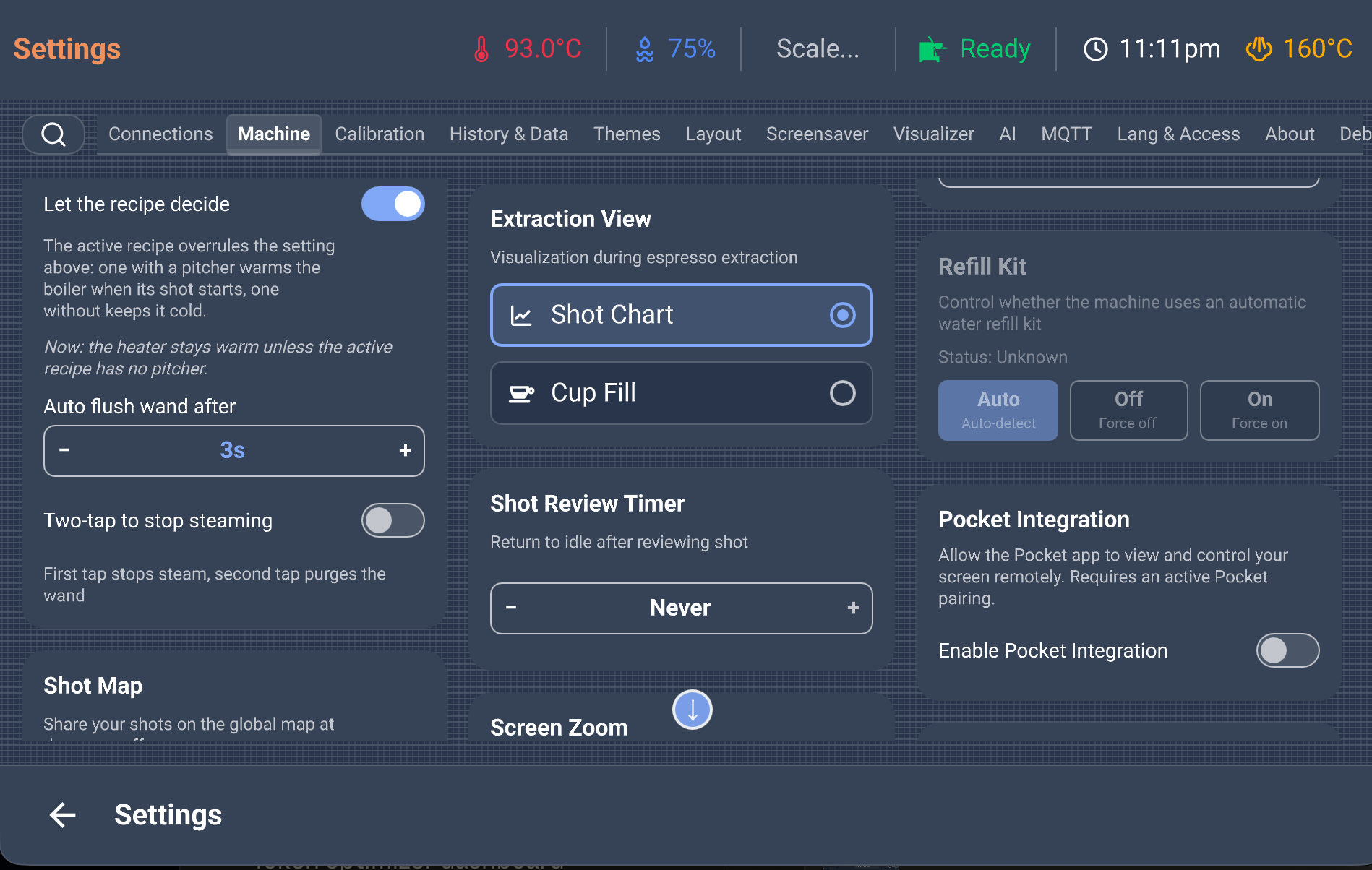 Machine settings, scrolled down: Let the recipe decide with the line stating what it currently adds up to, Auto flush wand and Two-tap to stop steaming, Extraction View (Shot Chart or Cup Fill), Shot Review Timer, Refill Kit and Pocket Integration