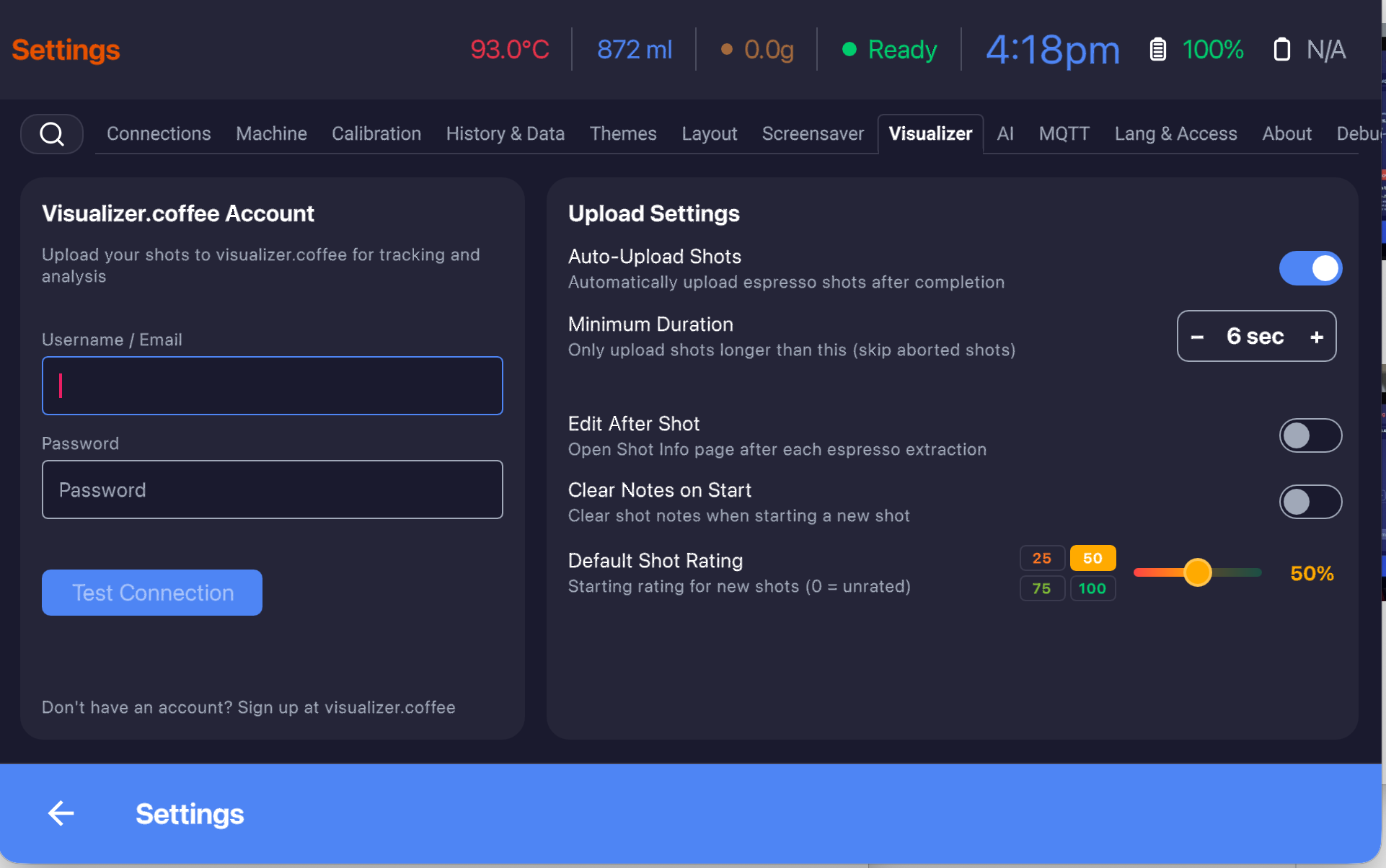 Visualizer settings showing account credentials and upload options