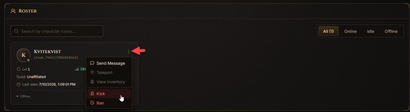 Kick and Ban buttons on a player row