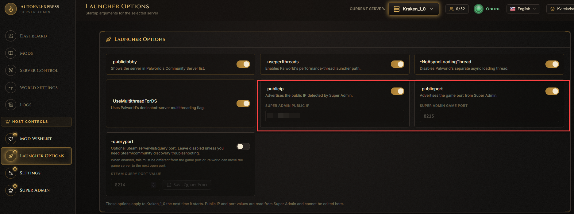 Public IP/Port override toggles