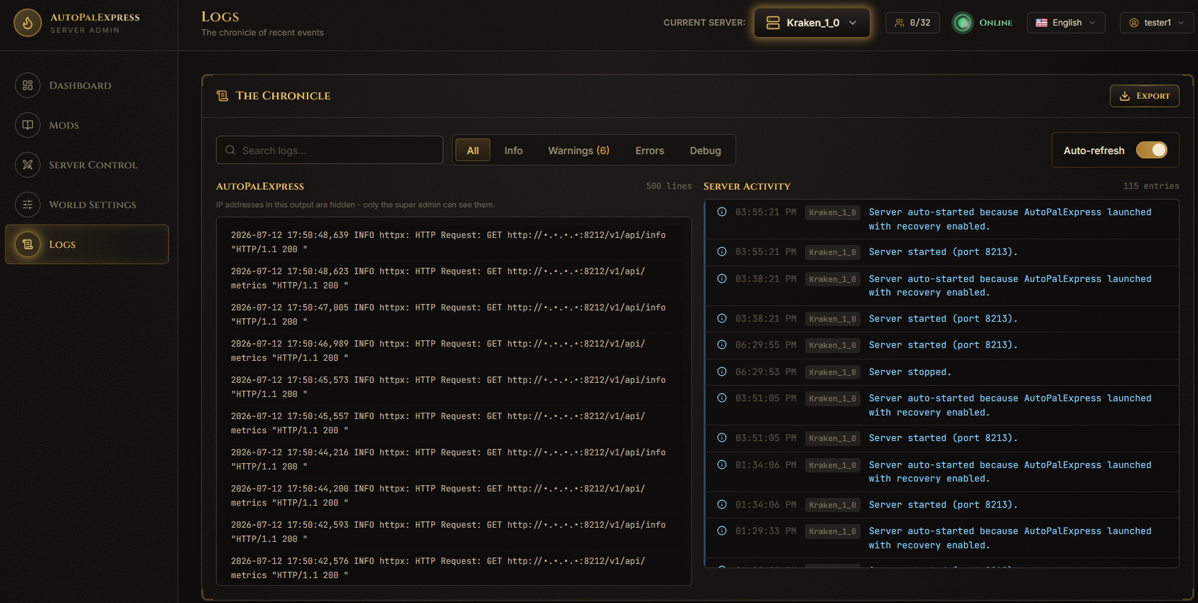 Full Logs page